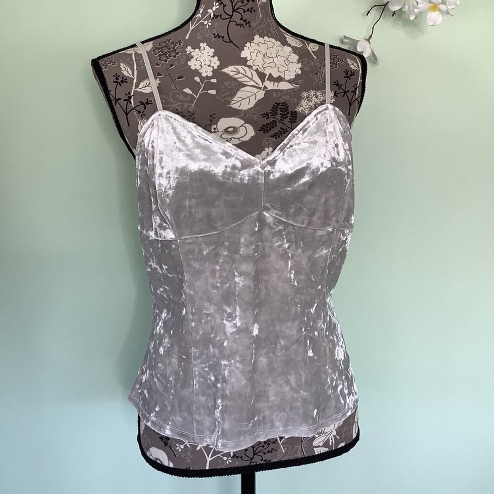 Candie’s Crushed Velvet Tank Top Cami Silver Gray Sweetheart V Neck Paneled NYE